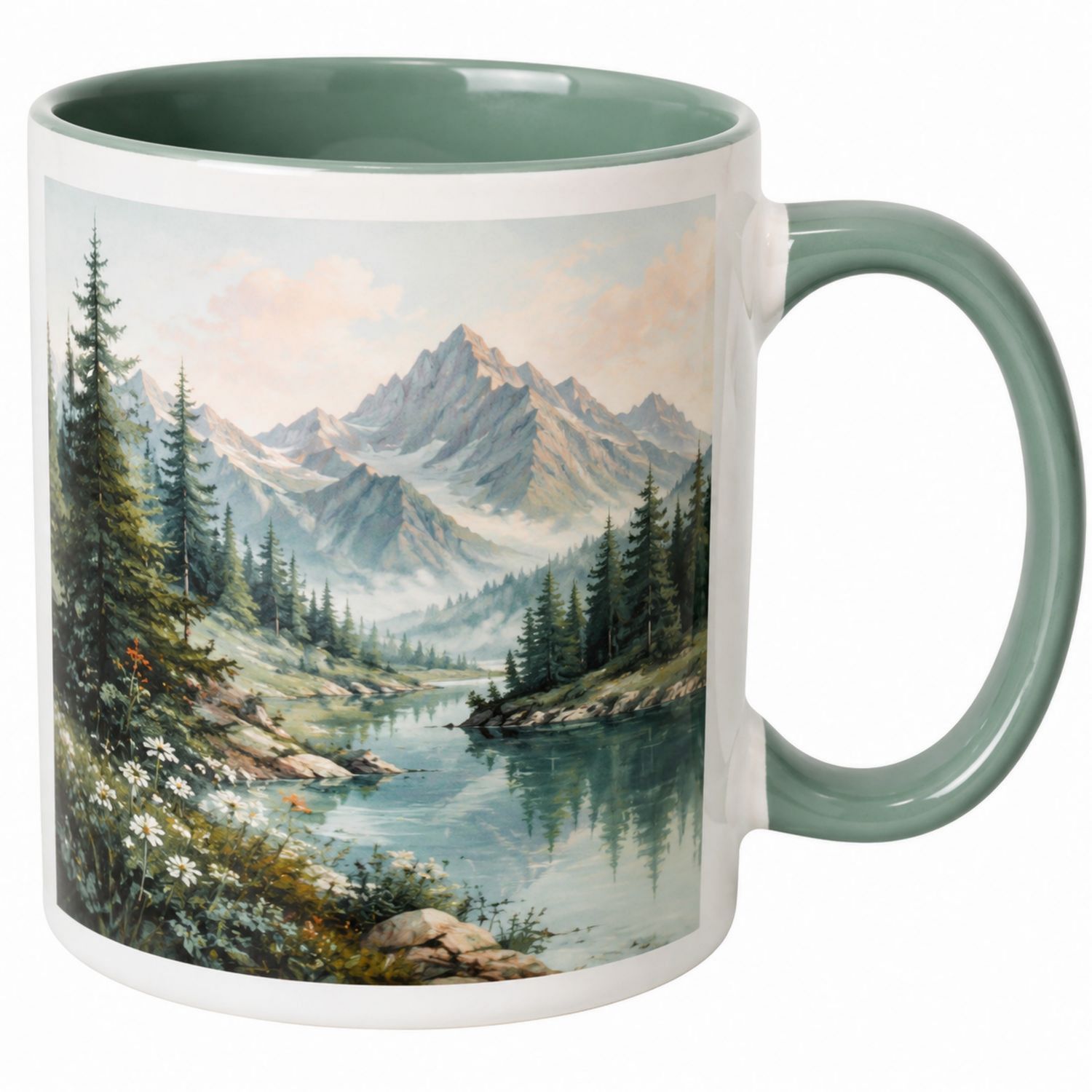 Keramikbecher mit Berglandschaft und grünem Innenraum-Velernocasa