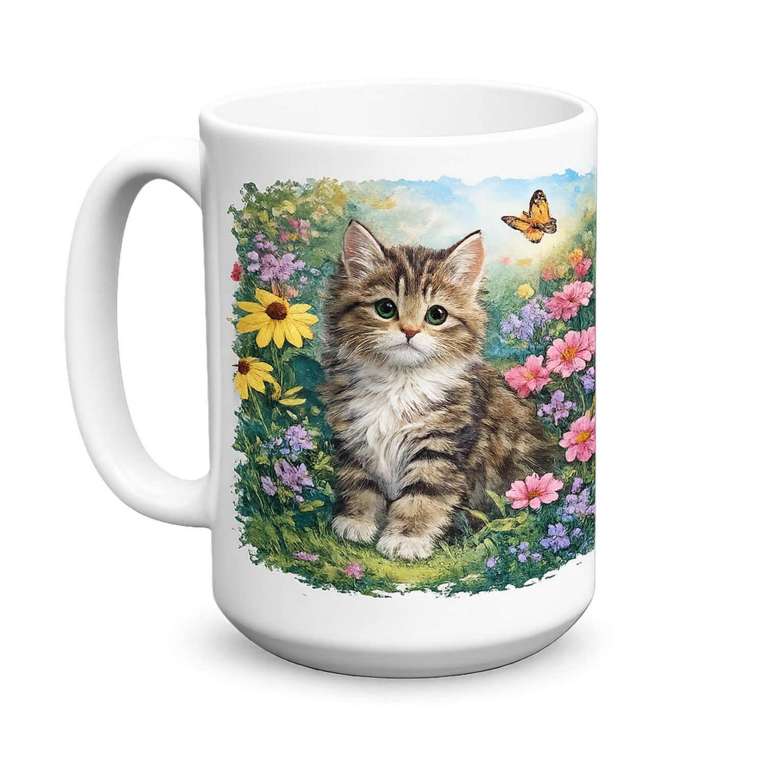 Keramiktasse mit Kätzchen- und Blumenmotiv, Weiß, 350ml-Velernocasa
