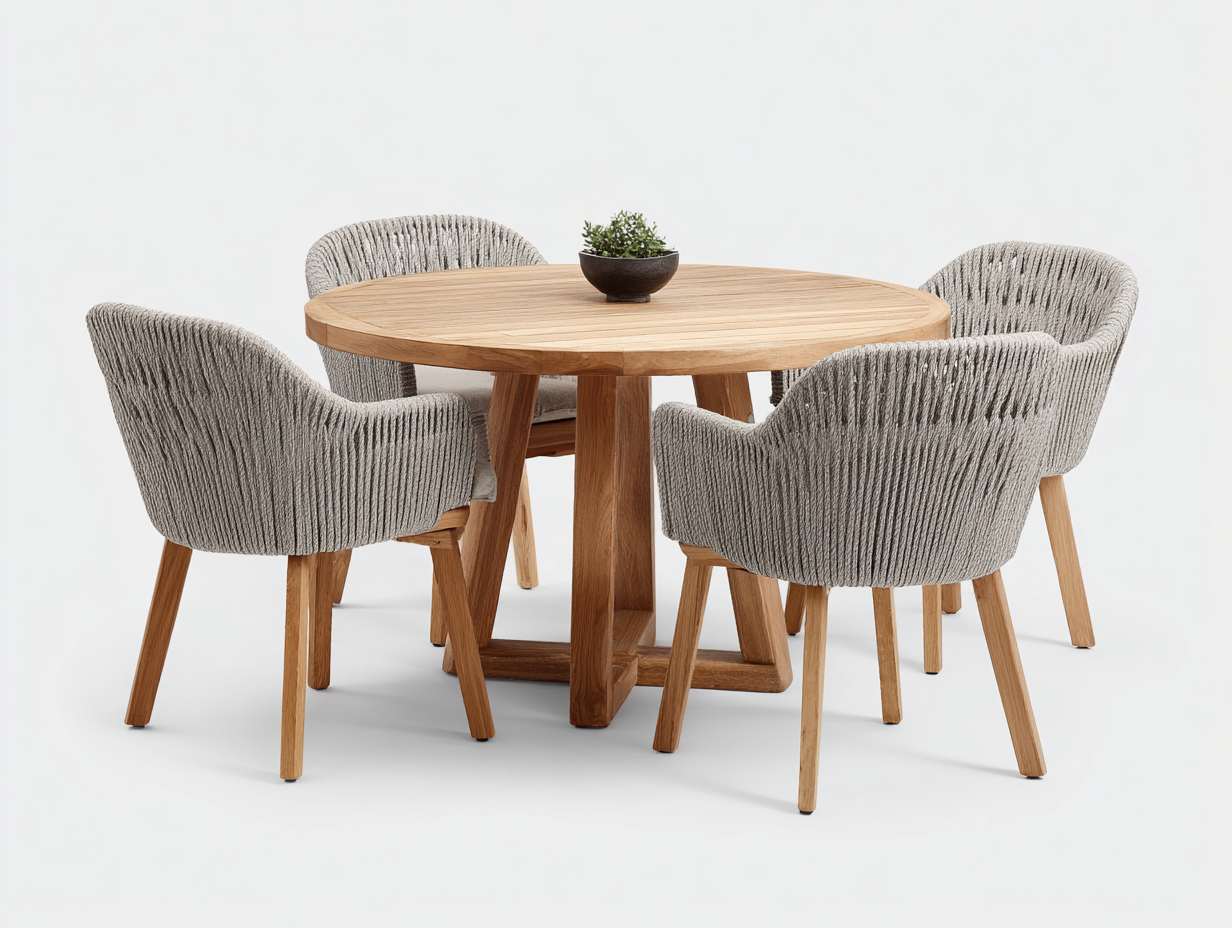 Garten Essgarnituren Holz Seil Stoff 115x115x75 cm - Natur-Hellgrau - Modernes Outdoor Design-Vazencohaus