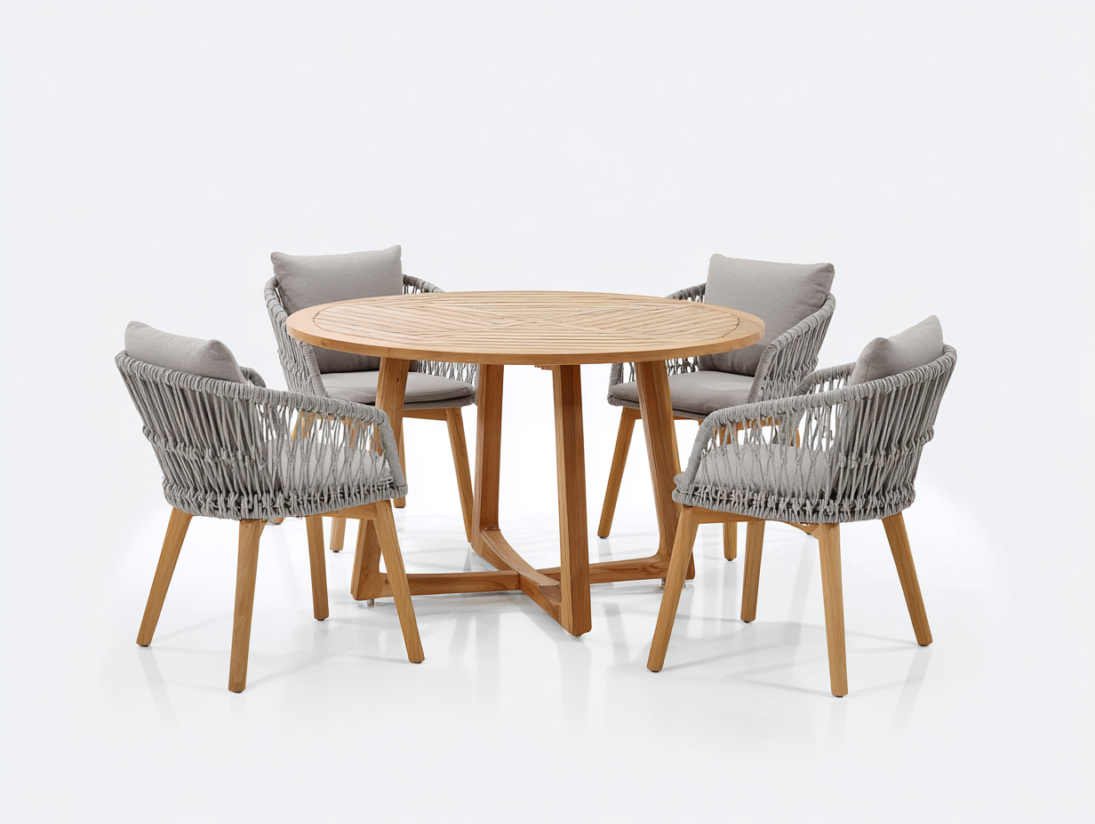 Garten Essgarnituren Holz und Seilgeflecht 120 x 120 x 75 cm - Natur-Grau - rundes Ess-Set für den Garten-Vazencohaus