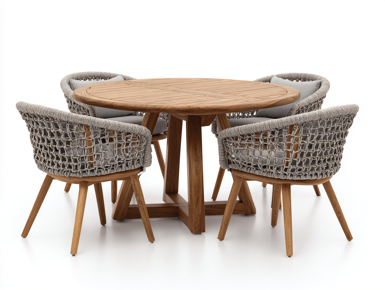 Garten Essgarnituren Holz Seil 130x130x75 cm Natur-Grau rundes Essplatz Set-Vazencohaus