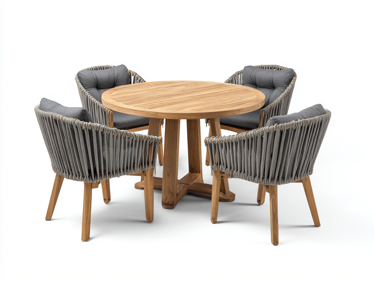 Garten Essgarnituren Holz und Seilgeflecht 115 x 115 x 75 cm - Natur-Grau - rundes Ess-Set für den Garten-Vazencohaus