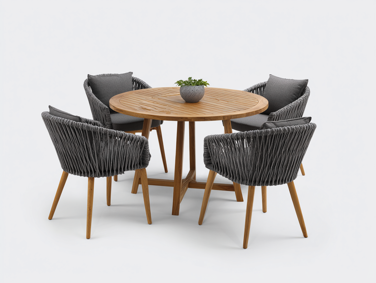 Garten Essgarnituren Holz Seil Stoff 120x120x75 cm - Natur-Grau - Modernes Outdoor Design-Vazencohaus