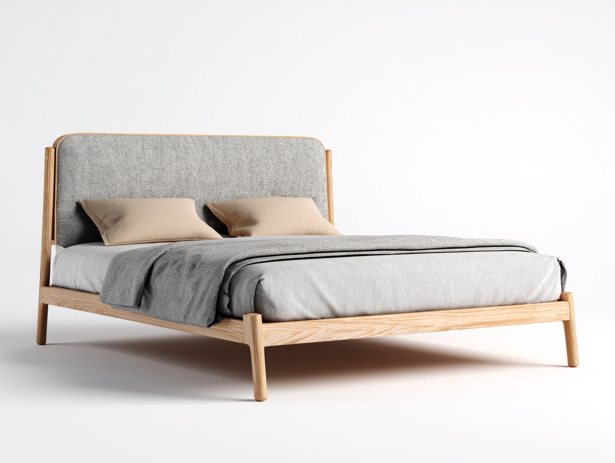 Doppelbett Holz Stoff 210x160x105 cm Natur-Grau modernes Schlafzimmerdesign-Vazencohaus