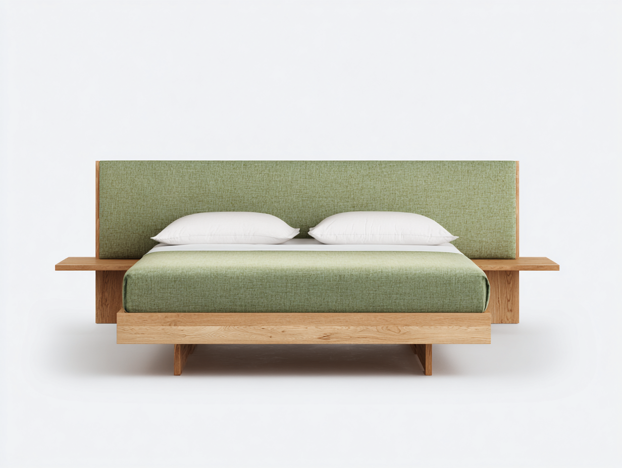 Doppelbett Holz und Stoffbezug 230 x 176 x 95 cm - Natur-Grün - modernes Bett für das Schlafzimmer-Vazencohaus