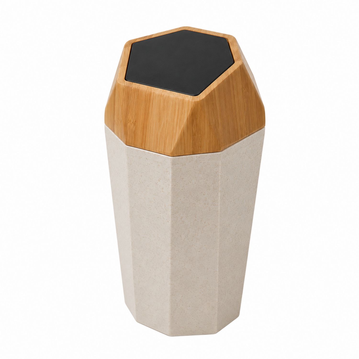 Papelera Hexagonal de Piedra Beige y Madera con Tapa de Presión
