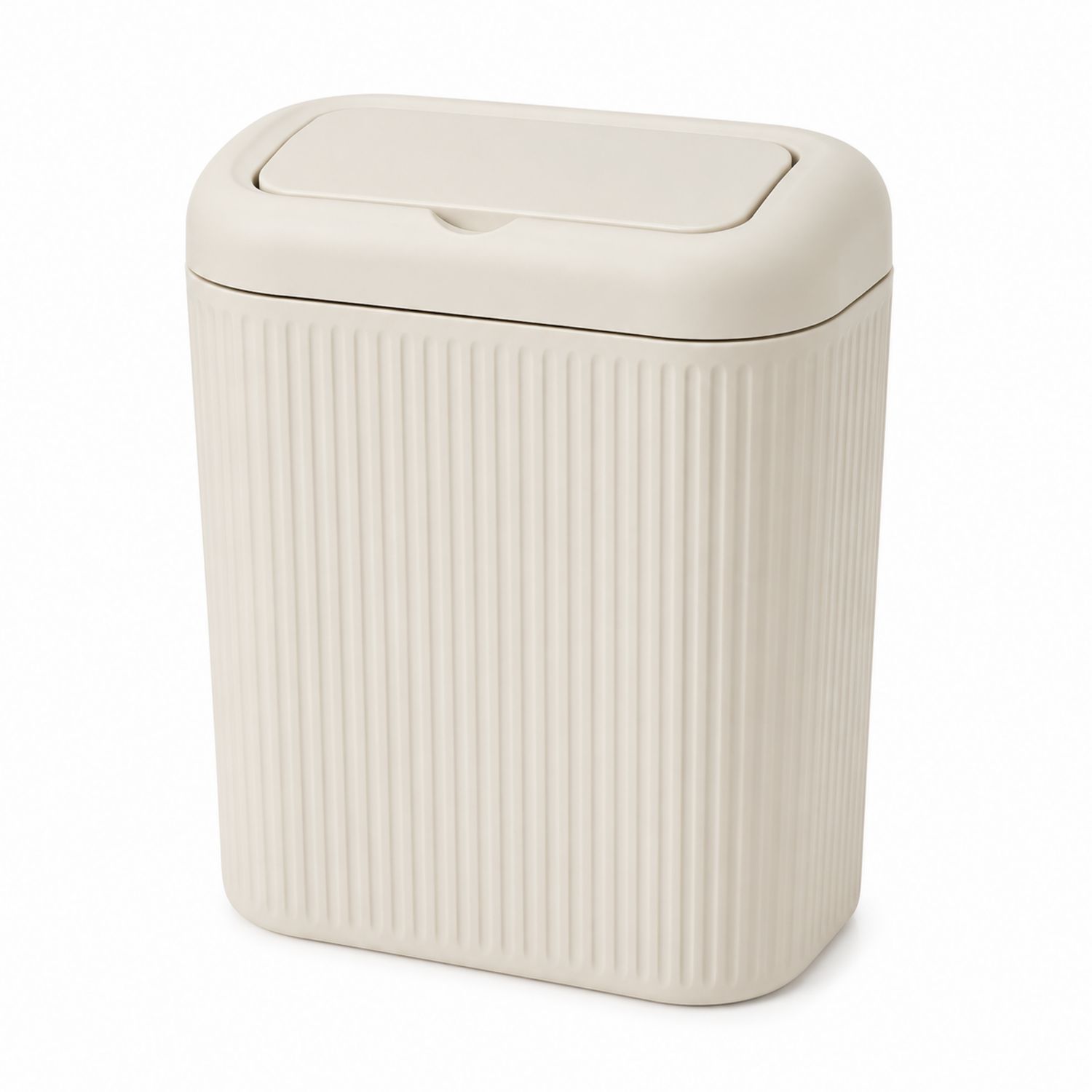 Papelera Beige con Tapa Abatible 10L, Textura Acanalada