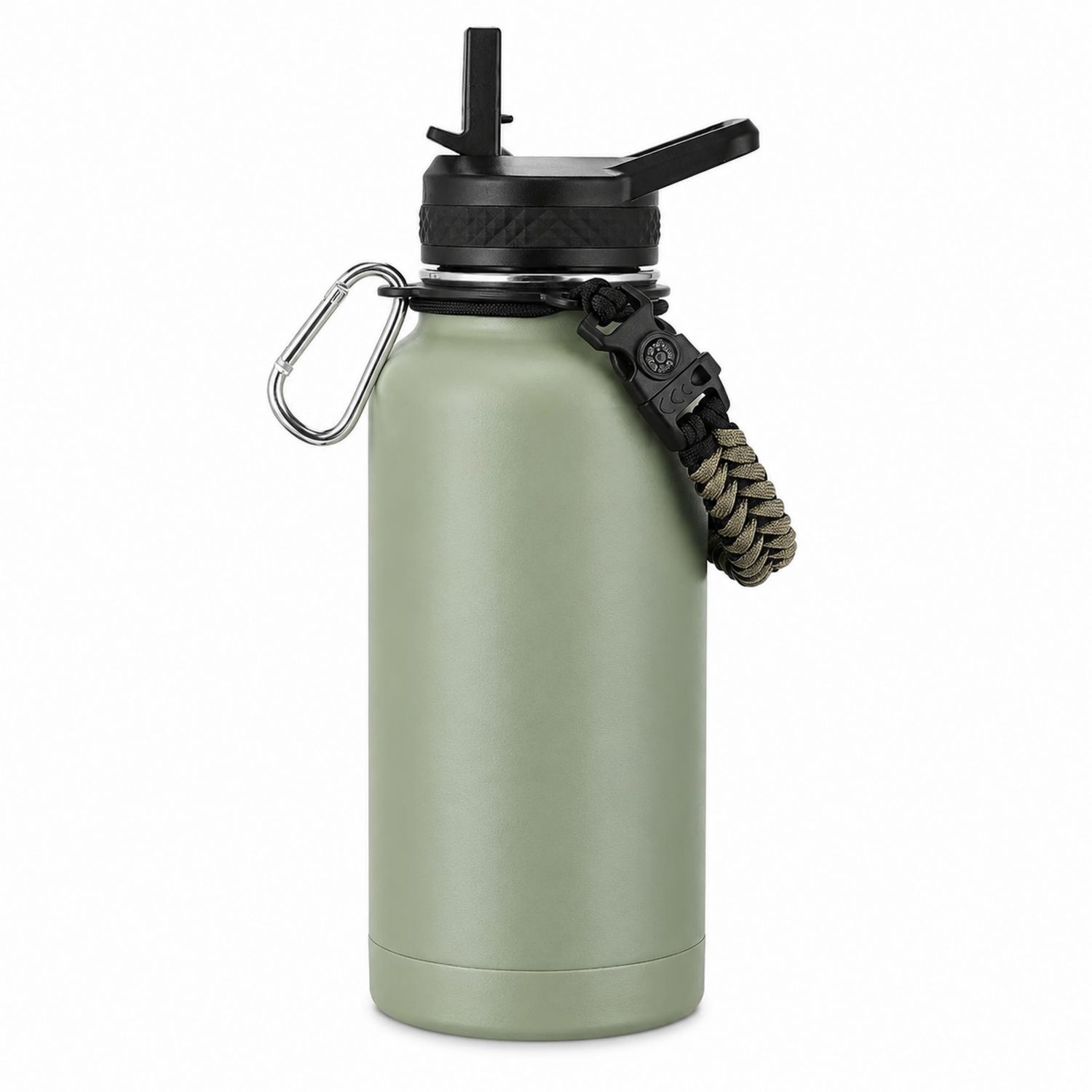 Vakuumisolierte Wasserflasche 1L mit Karabiner Olivgrün