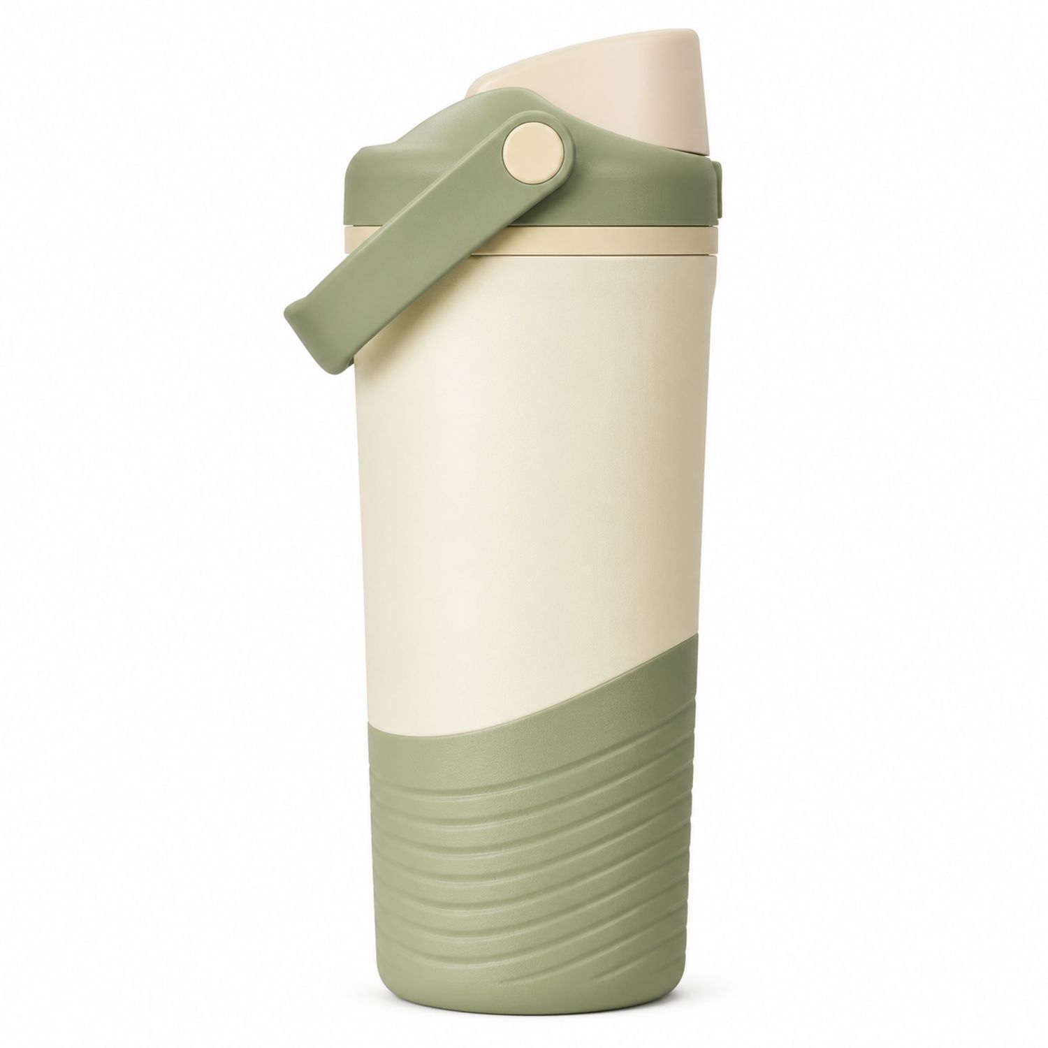 Doppelwandige Thermosflasche 500ml Beige/Grün mit Tragegriff