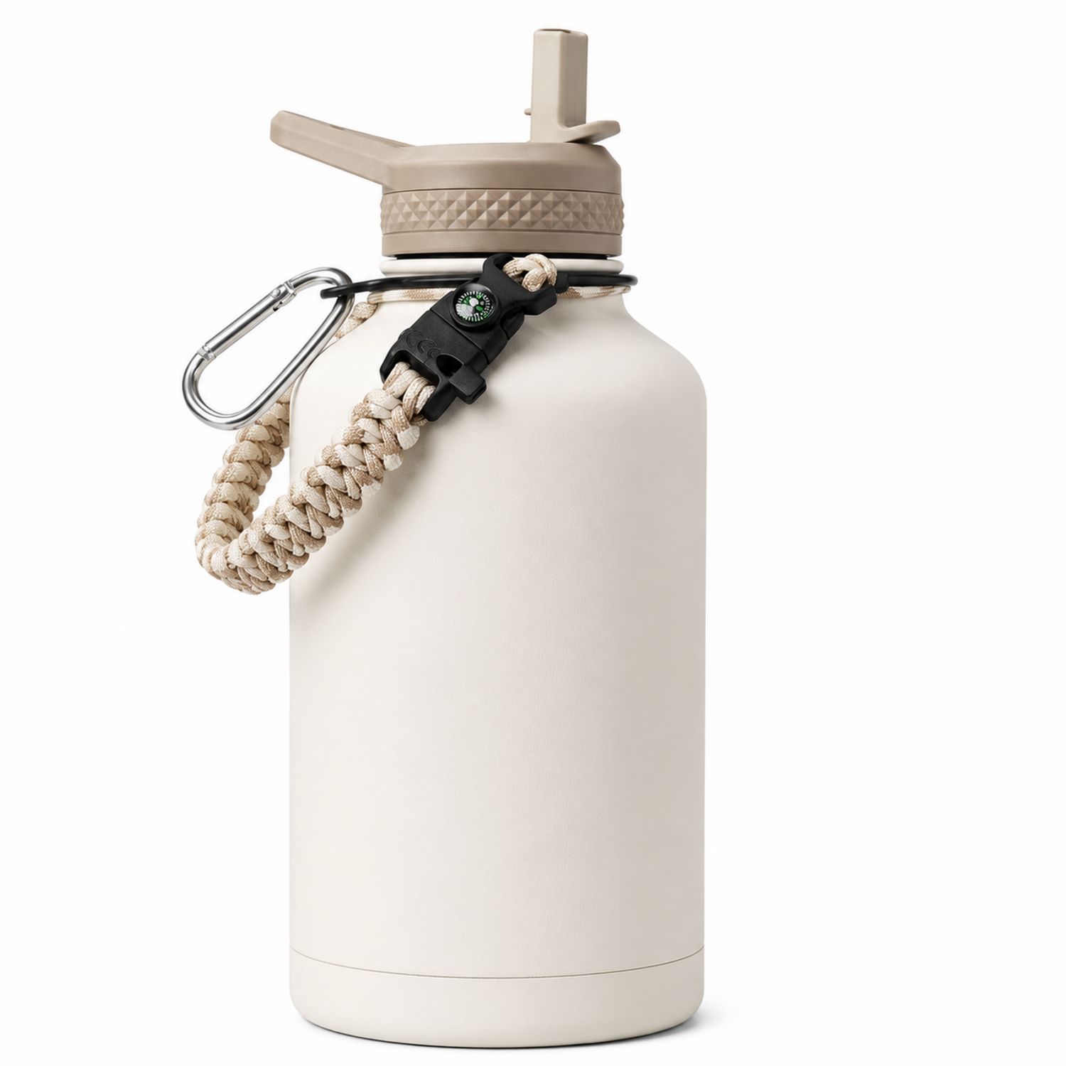 Beige Isolierflasche mit Trinkhalmverschluss und Kompass 1000ml