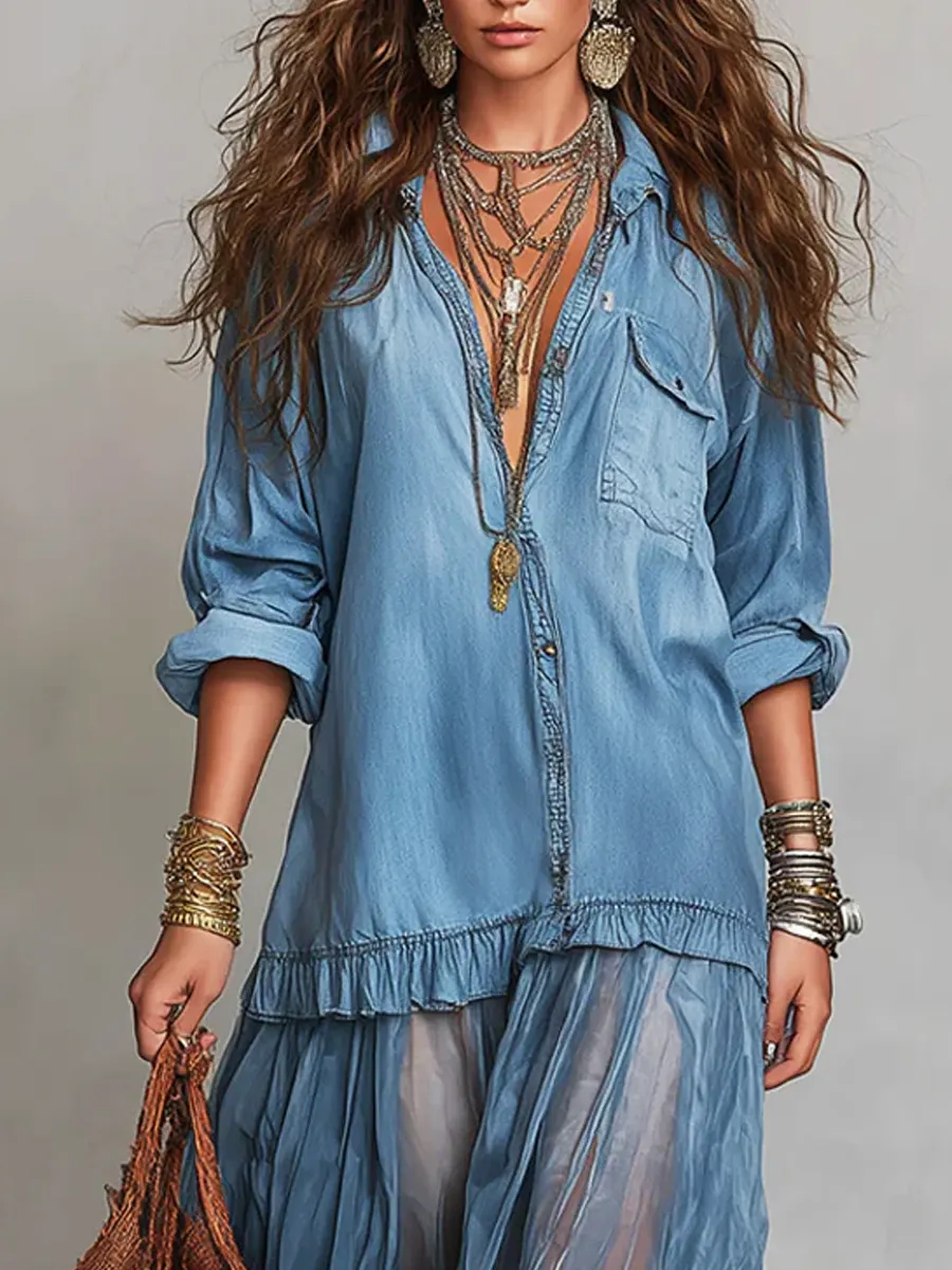 New Arrivals🔥 Women's Retro Lapel Denim Organza Patchwork Art Casual Maxi Dress