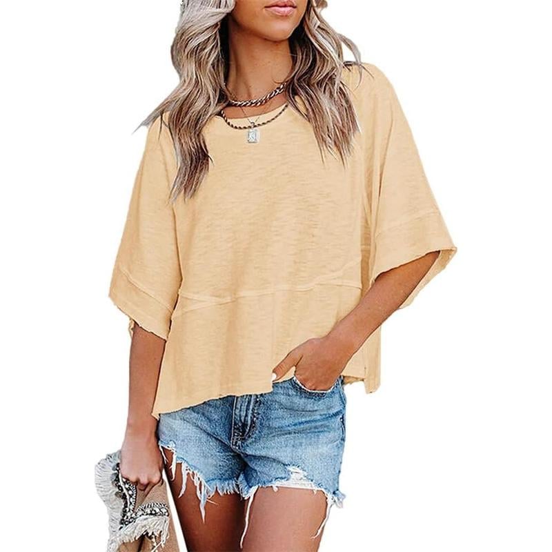 Damen Sommer Freizeit-T-Shirt mit Rundhalsausschnitt, Fledermaus-Halbarm, einfarbig, locker geschnitten, süßes Basic, fließendes Oberteil / Bluse