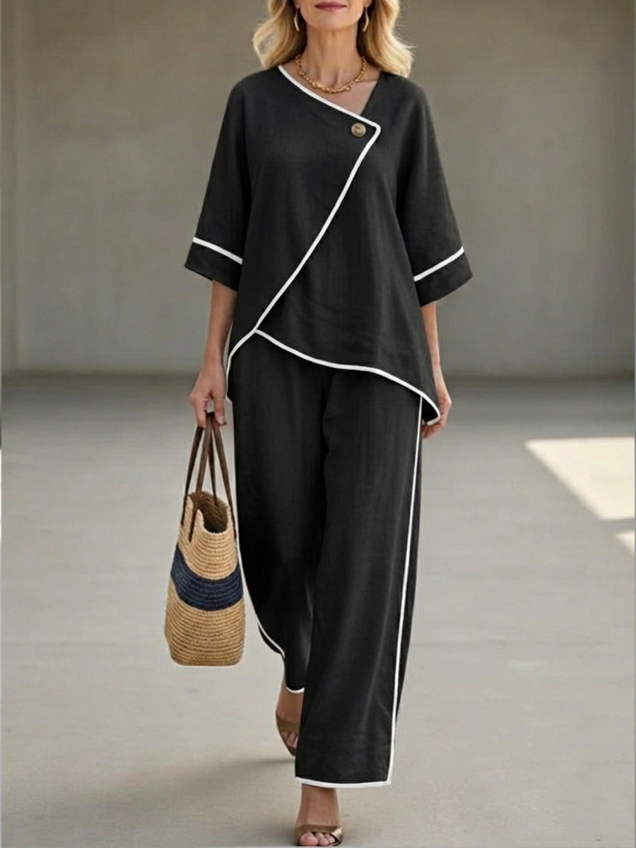 Lässiges schwarzes Leinen- und Baumwoll-Set – asymmetrisches Oberteil mit Kragen und Hose