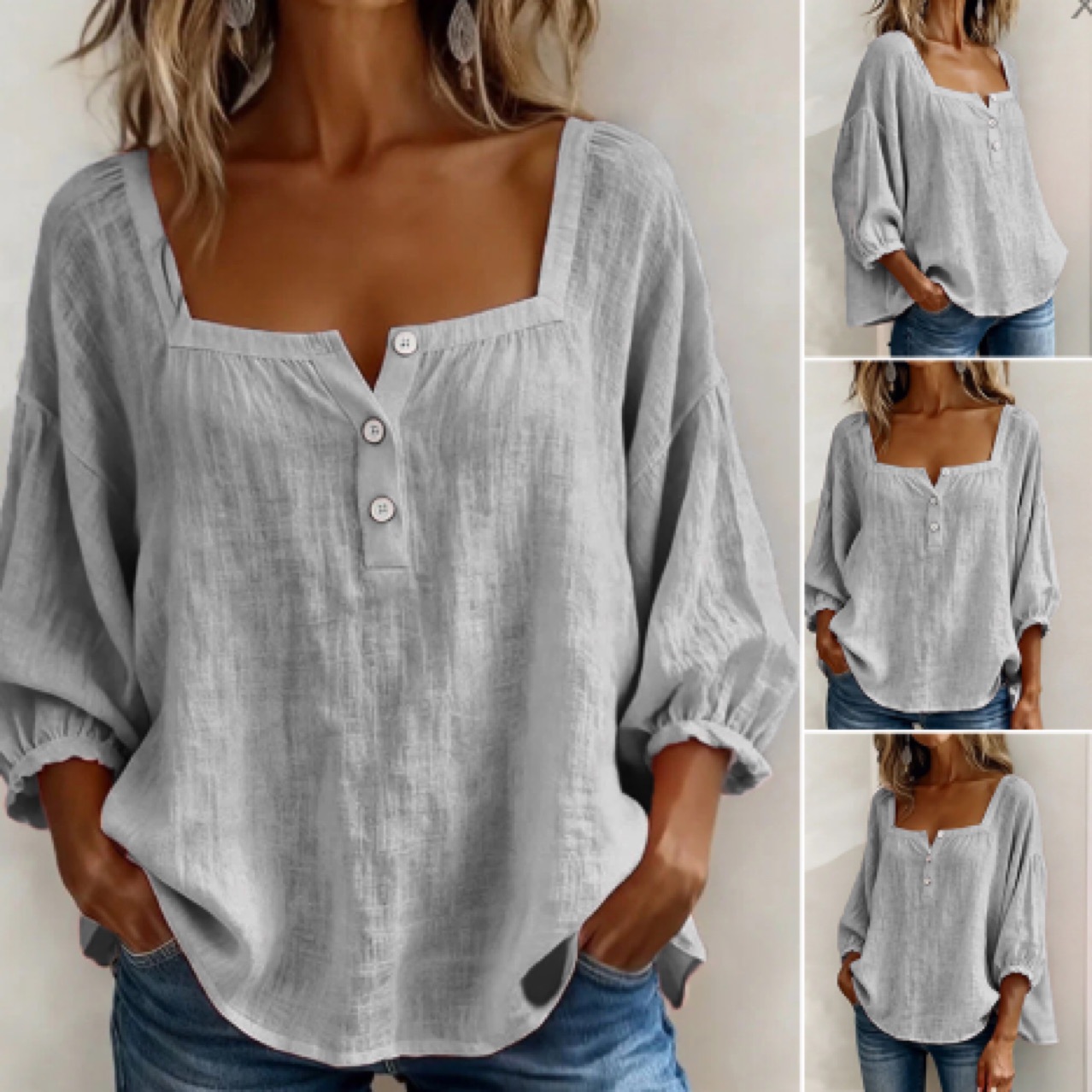 🌸Pink Square-Neck Half-Button Shirt
