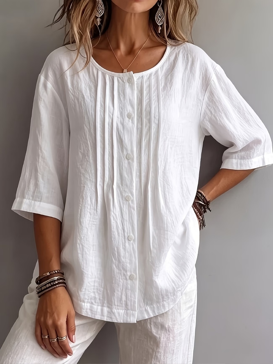 New Arrival 🔥Women'S Round Neck Three-Quarter Sleeve Pleated Shirt