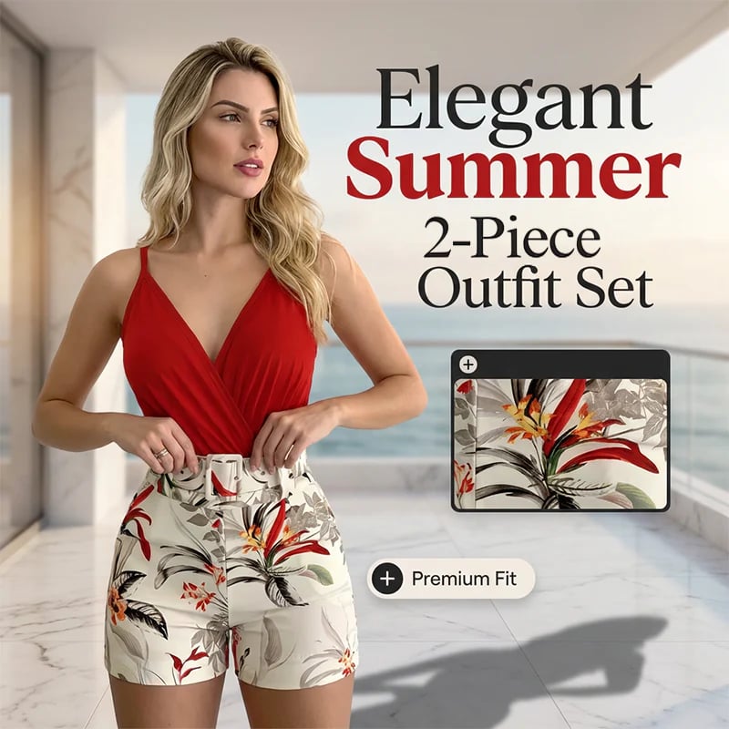 ⏰ V-Neck & High-Waist Shorts Set – Tropical Print, 2-Piece Vacation Outfit 🌴