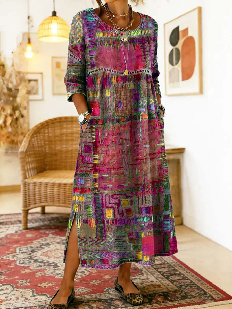 Printed Dress with Ethnic Patchwork