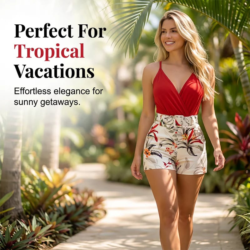 ⏰ V-Neck & High-Waist Shorts Set – Tropical Print, 2-Piece Vacation Outfit 🌴