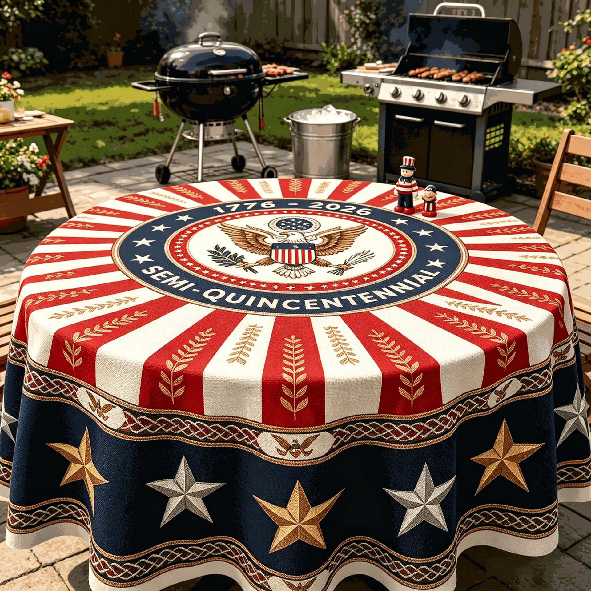 🇺🇸 Patriotic Starburst Tablecloth – 55′′ or 70′′, Red/White/Navy 🎆
