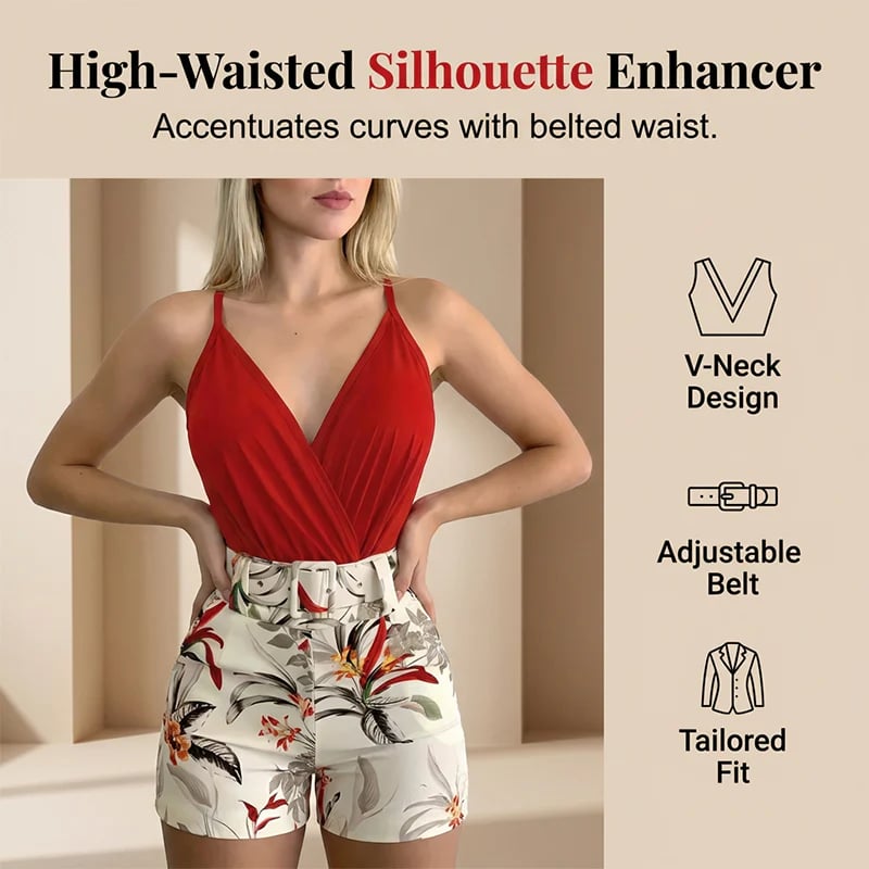 ⏰ V-Neck & High-Waist Shorts Set – Tropical Print, 2-Piece Vacation Outfit 🌴