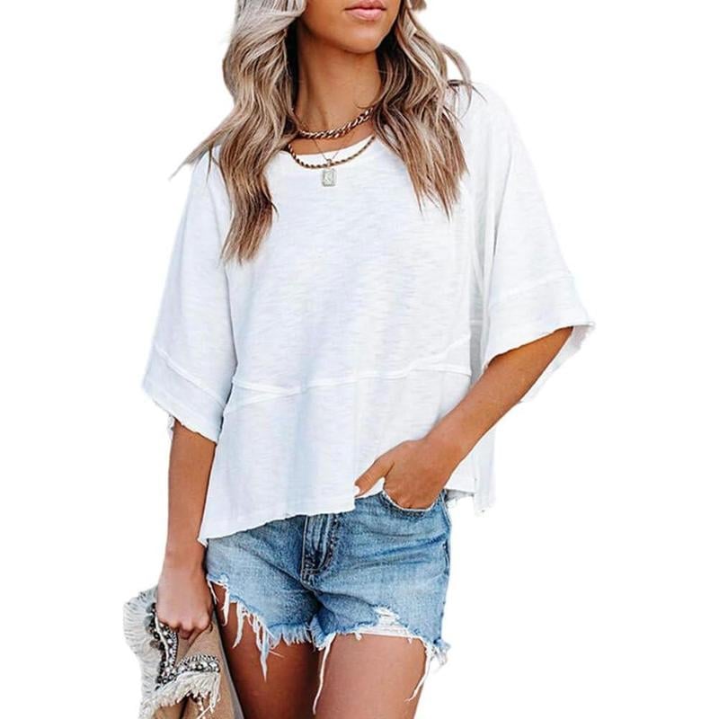 Damen Sommer Freizeit-T-Shirt mit Rundhalsausschnitt, Fledermaus-Halbarm, einfarbig, locker geschnitten, süßes Basic, fließendes Oberteil / Bluse