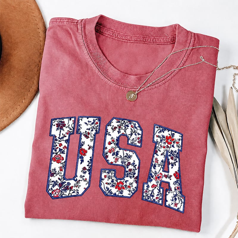 🇺🇸✨Unisex Floral USA Shirt Classic Design Oversized Patriotic Tee