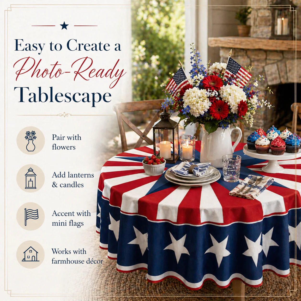 🇺🇸 Patriotic Starburst Tablecloth – 55′′ or 70′′, Red/White/Navy 🎆
