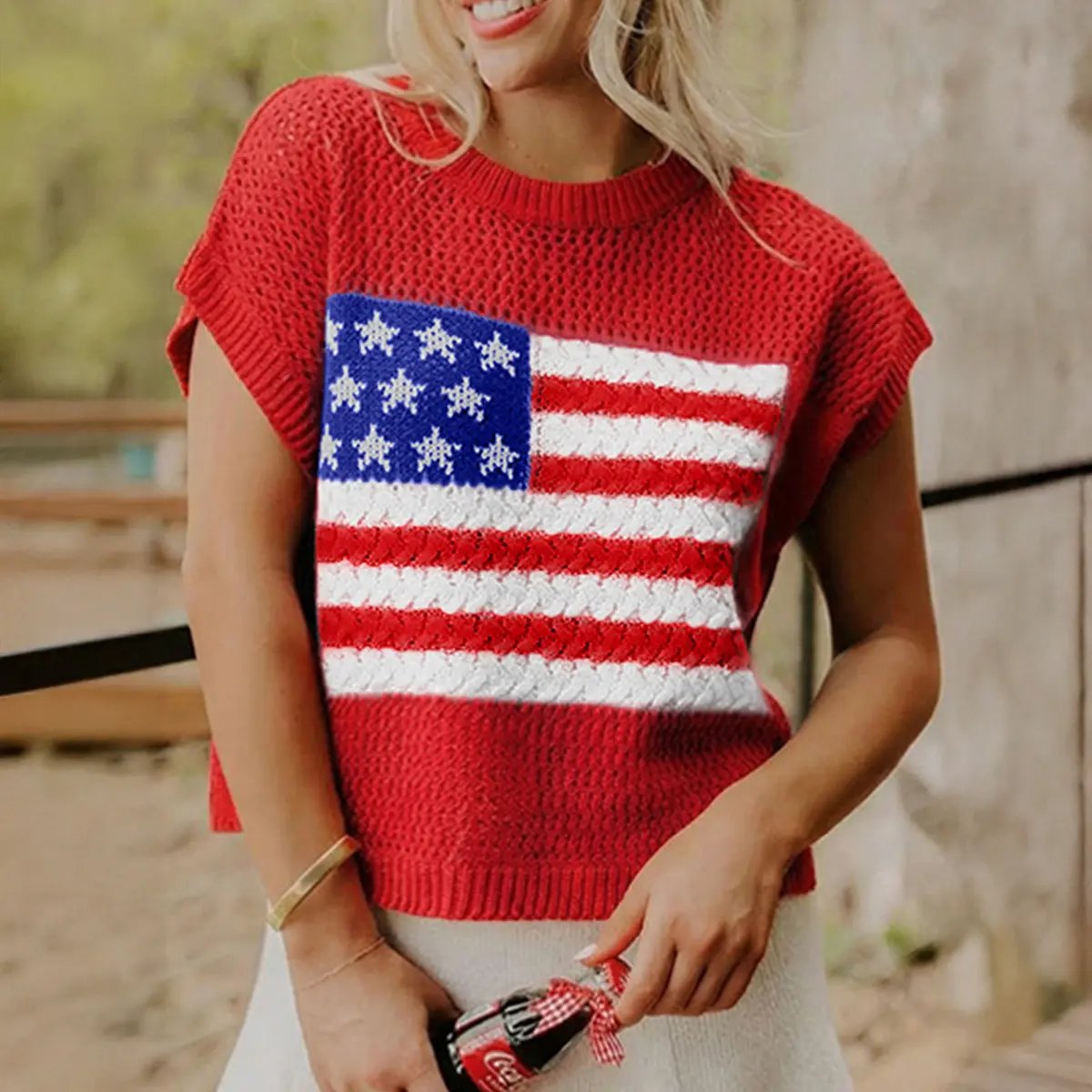 Women's American Flag Graphic Relaxed Fit Short Sleeve Knit Sweater Top