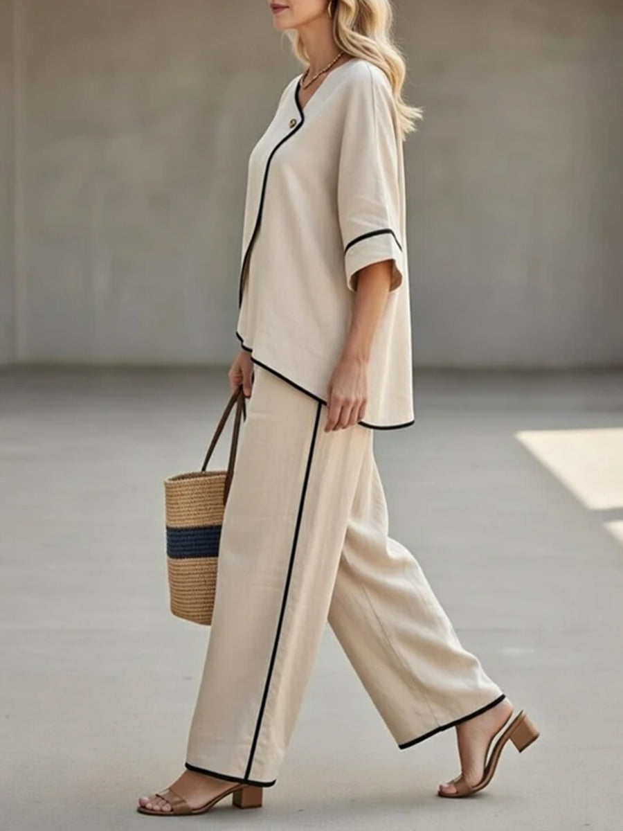 Lässiges schwarzes Leinen- und Baumwoll-Set – asymmetrisches Oberteil mit Kragen und Hose