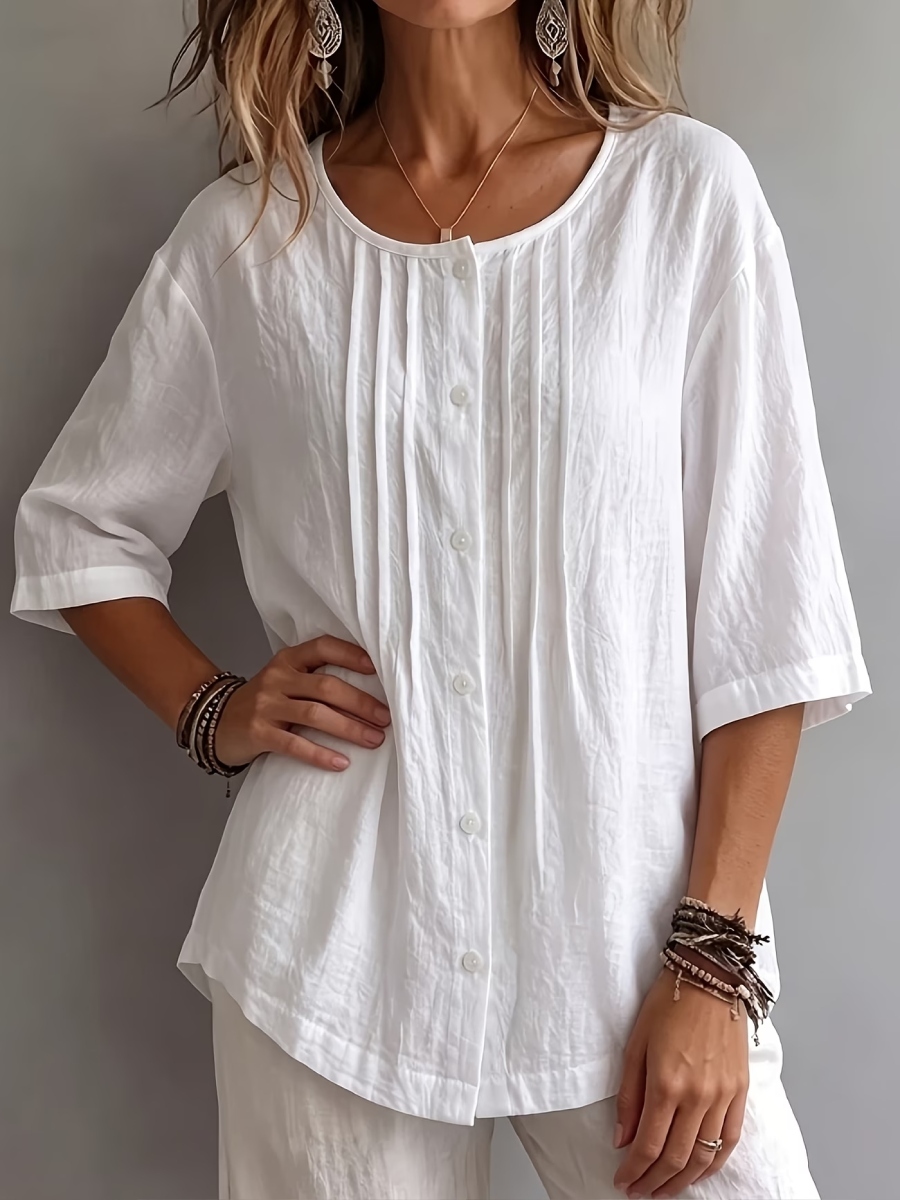 New Arrival 🔥Women'S Round Neck Three-Quarter Sleeve Pleated Shirt