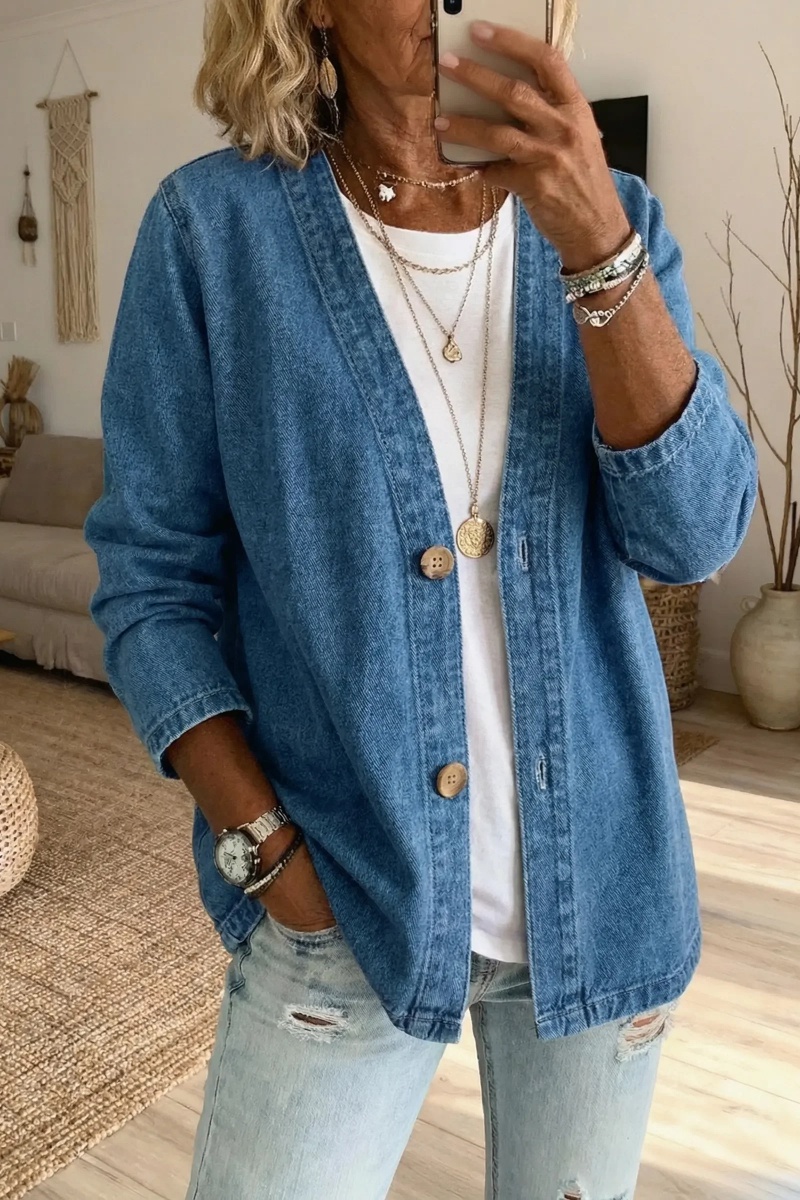 🧥 50% OFF NOW! ✨ Women's Classic Button Front Denim Jacket – V-Neck, Breathable Fabric & Relaxed Fit 💙