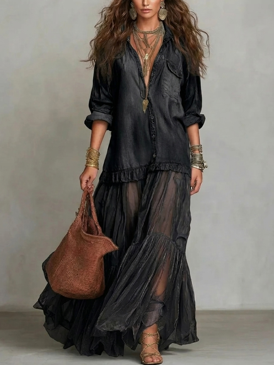 New Arrivals🔥 Women's Retro Lapel Denim Organza Patchwork Art Casual Maxi Dress