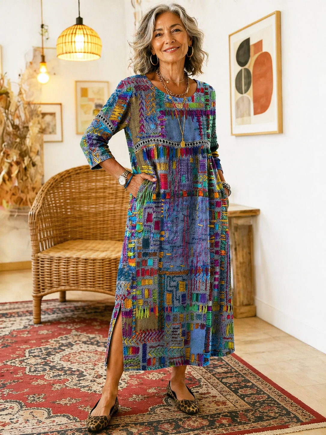 Printed Dress with Ethnic Patchwork