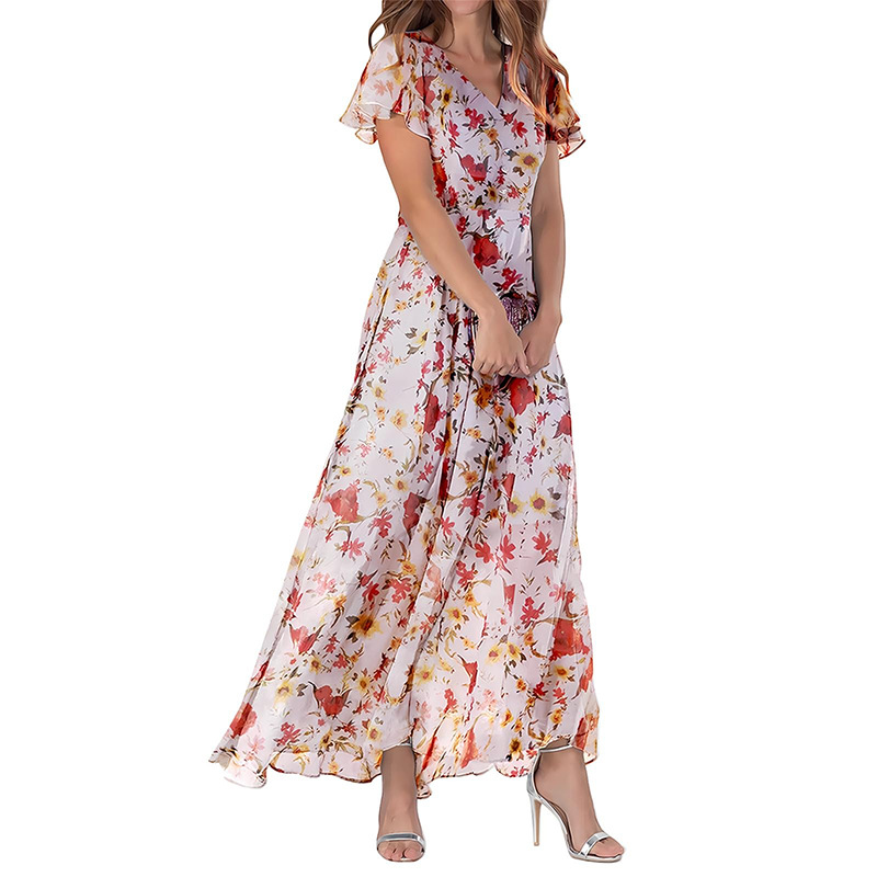 2026 New Chiffon Print Dress: Elegant V-neck Short-sleeve Full-skirted Maxi Dress
