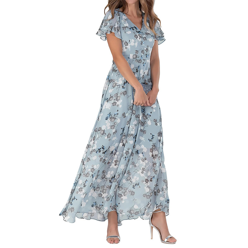 2026 New Chiffon Print Dress: Elegant V-neck Short-sleeve Full-skirted Maxi Dress