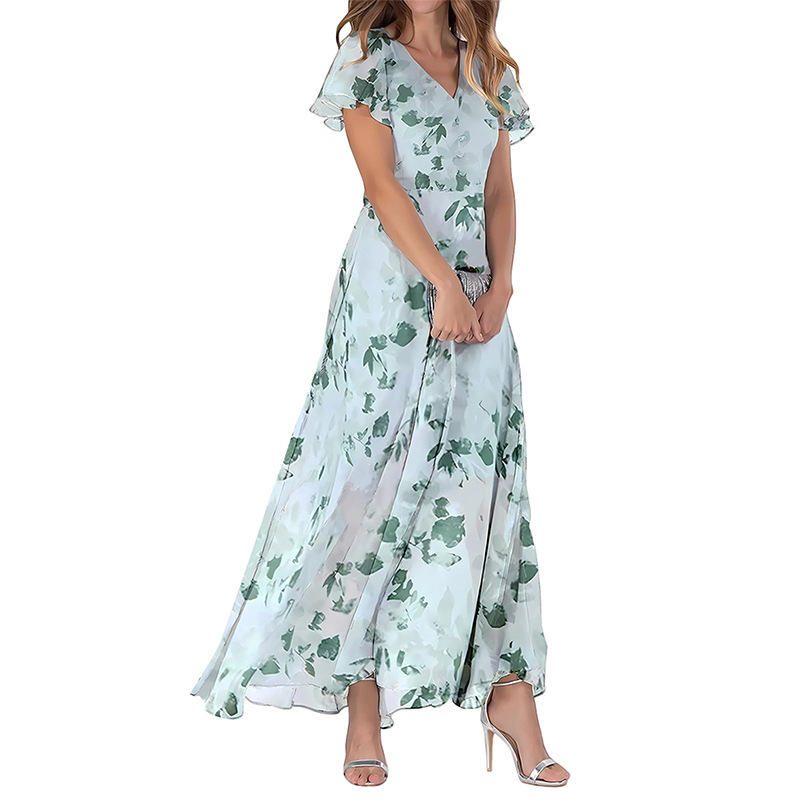 2026 New Chiffon Print Dress: Elegant V-neck Short-sleeve Full-skirted Maxi Dress