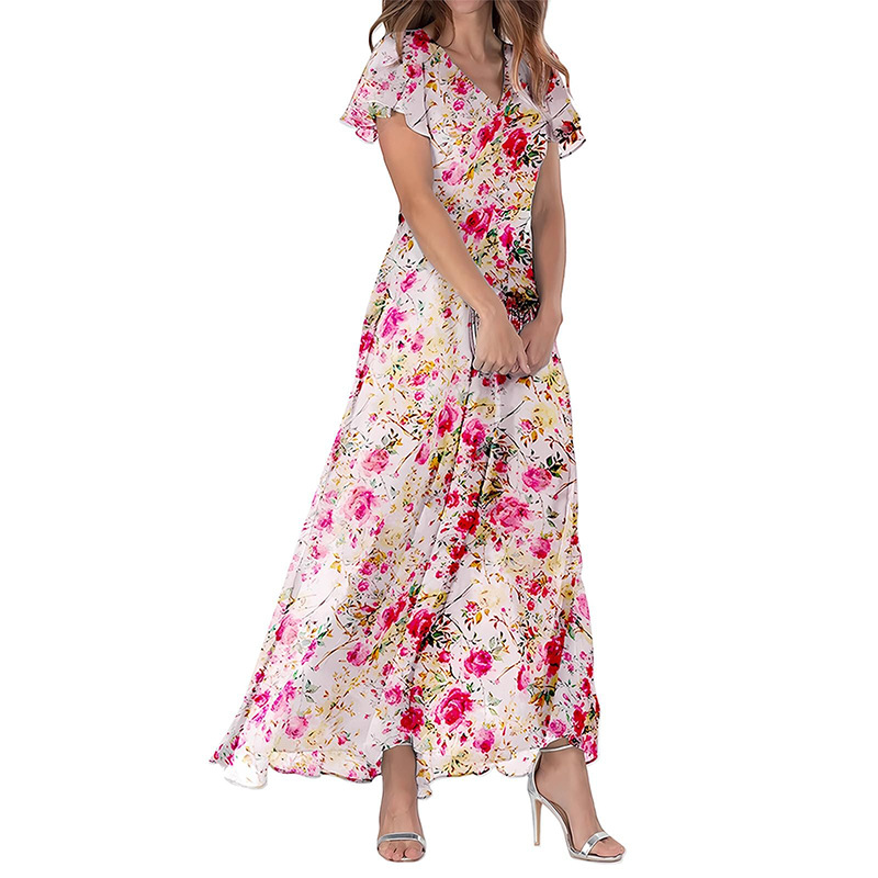 2026 New Chiffon Print Dress: Elegant V-neck Short-sleeve Full-skirted Maxi Dress