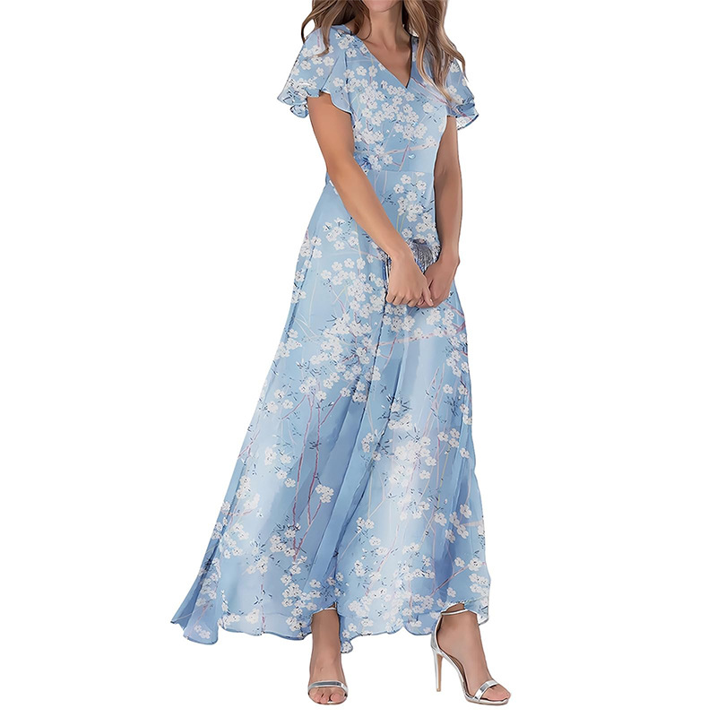 2026 New Chiffon Print Dress: Elegant V-neck Short-sleeve Full-skirted Maxi Dress