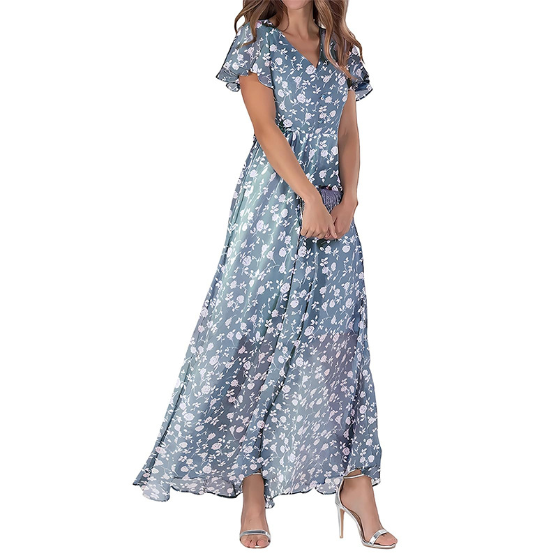 2026 New Chiffon Print Dress: Elegant V-neck Short-sleeve Full-skirted Maxi Dress