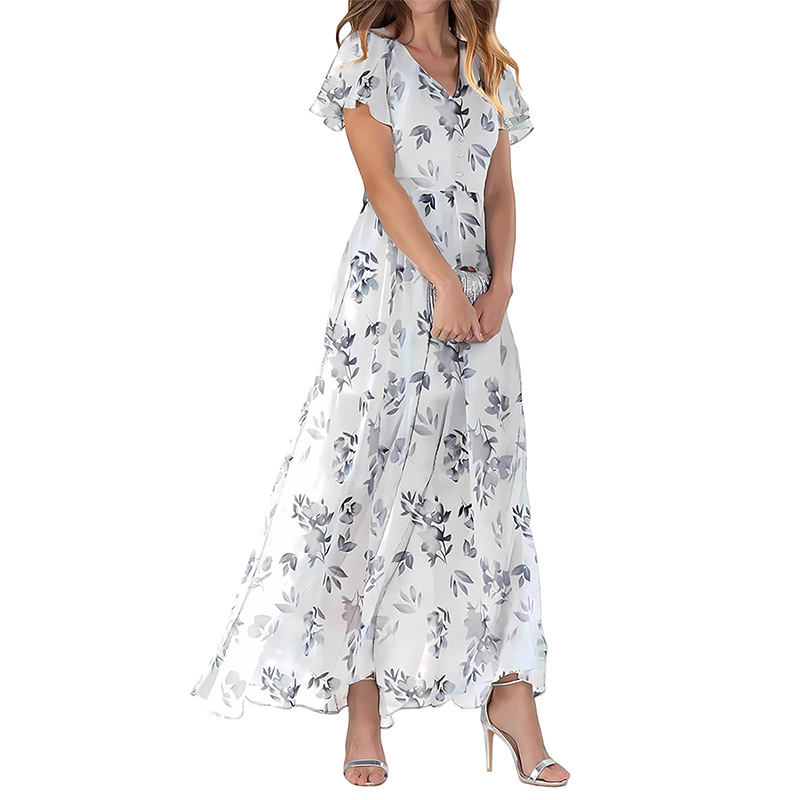 2026 New Chiffon Print Dress: Elegant V-neck Short-sleeve Full-skirted Maxi Dress