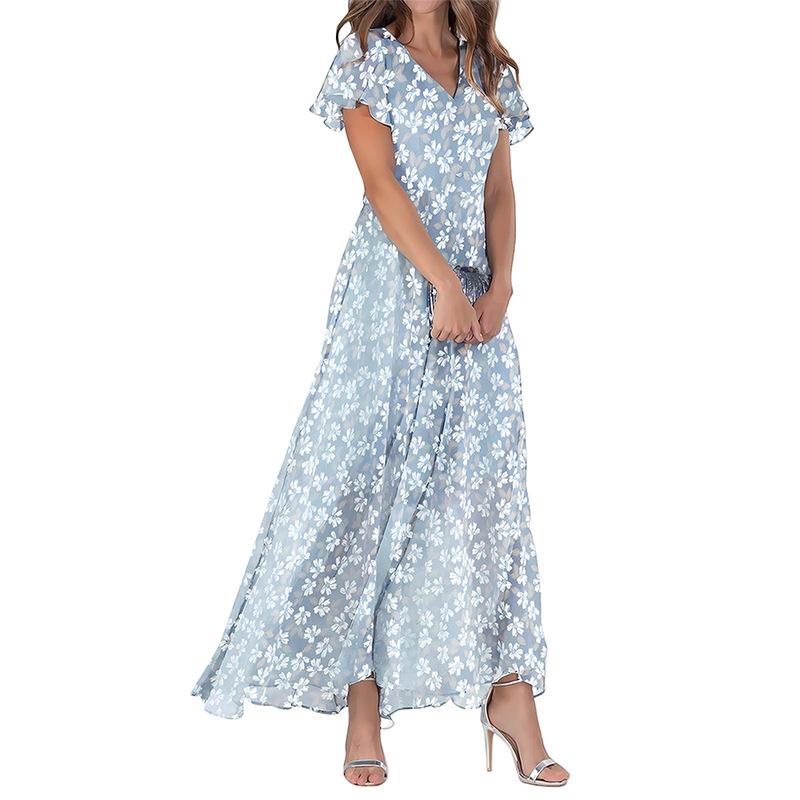 2026 New Chiffon Print Dress: Elegant V-neck Short-sleeve Full-skirted Maxi Dress
