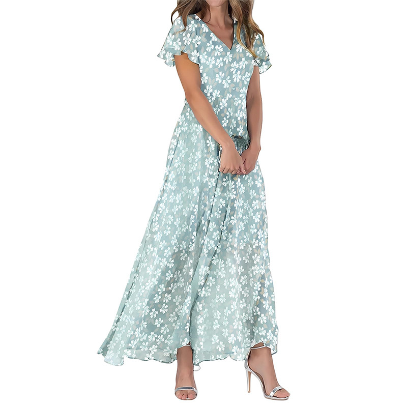 2026 New Chiffon Print Dress: Elegant V-neck Short-sleeve Full-skirted Maxi Dress