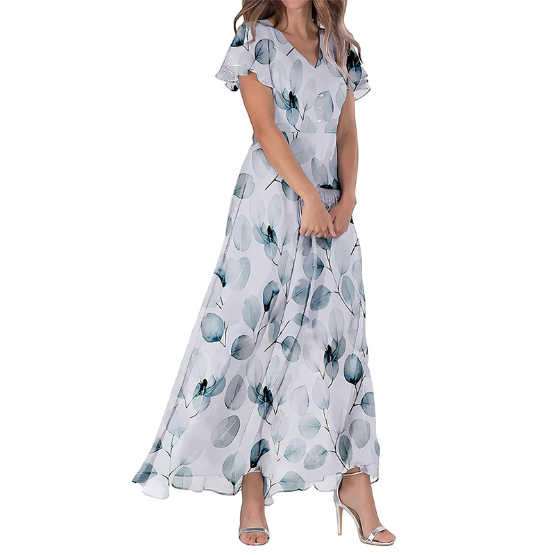 2026 New Chiffon Print Dress: Elegant V-neck Short-sleeve Full-skirted Maxi Dress