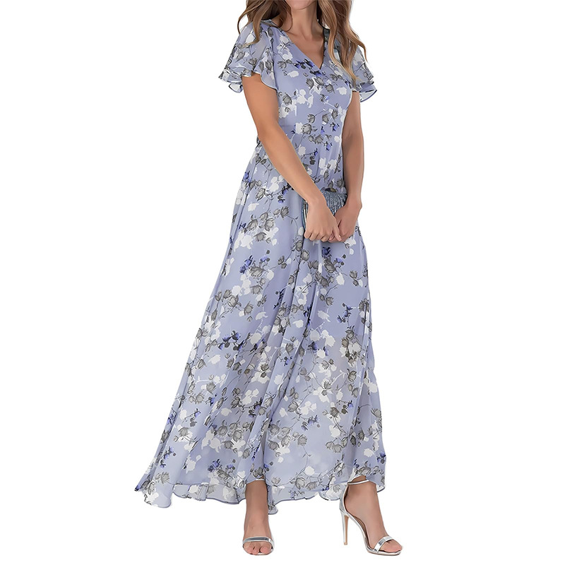2026 New Chiffon Print Dress: Elegant V-neck Short-sleeve Full-skirted Maxi Dress