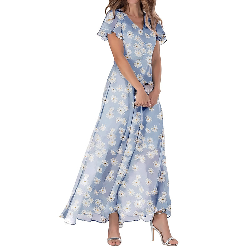 2026 New Chiffon Print Dress: Elegant V-neck Short-sleeve Full-skirted Maxi Dress