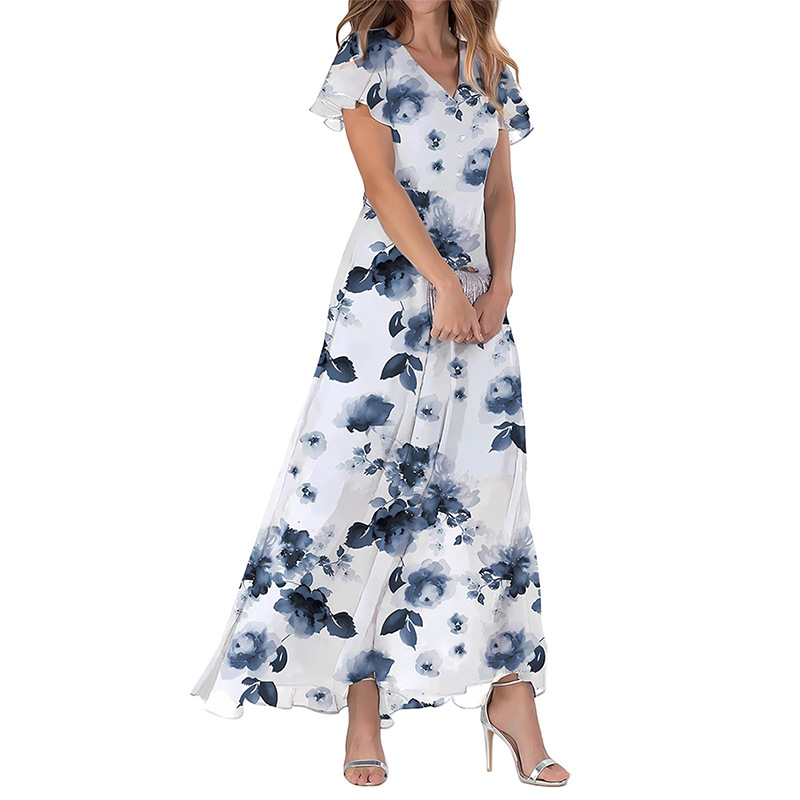 2026 New Chiffon Print Dress: Elegant V-neck Short-sleeve Full-skirted Maxi Dress