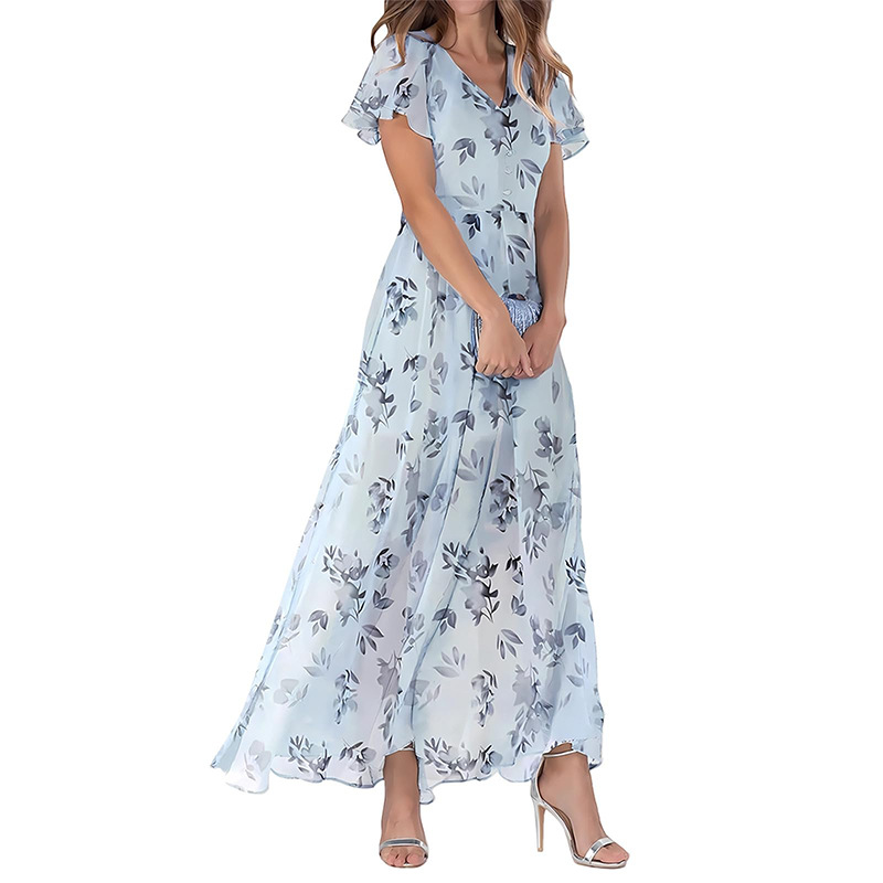 2026 New Chiffon Print Dress: Elegant V-neck Short-sleeve Full-skirted Maxi Dress