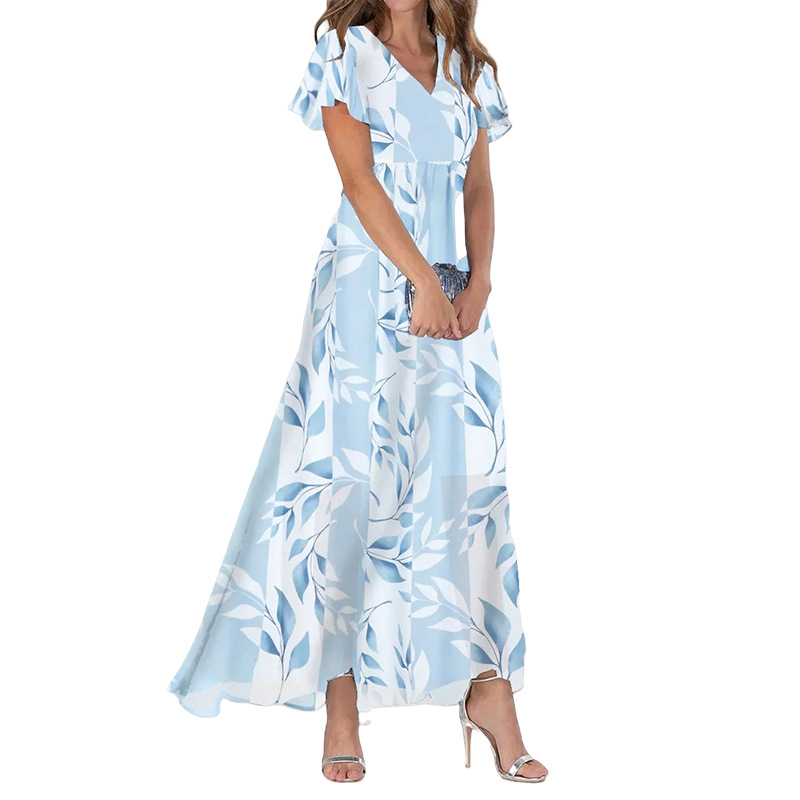 2026 New Chiffon Print Dress: Elegant V-neck Short-sleeve Full-skirted Maxi Dress