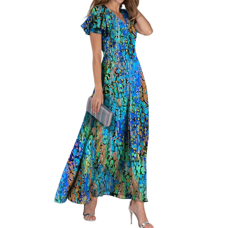 2026 New Chiffon Print Dress: Elegant V-neck Short-sleeve Full-skirted Maxi Dress