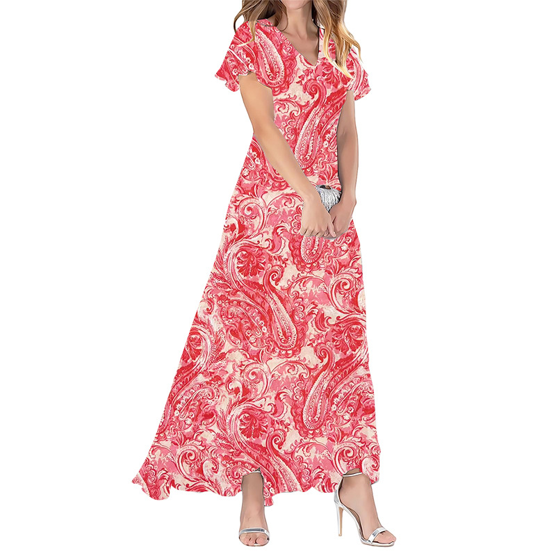 2026 New Chiffon Print Dress: Elegant V-neck Short-sleeve Full-skirted Maxi Dress
